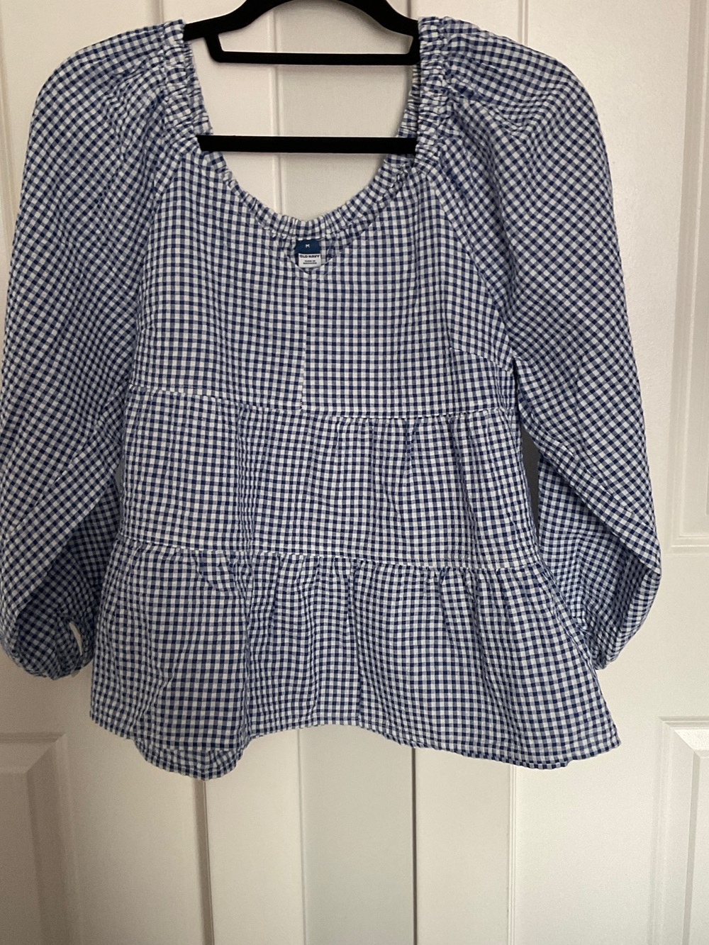 Old Navy Blue and White Gingham Tiered Peasant Blouse